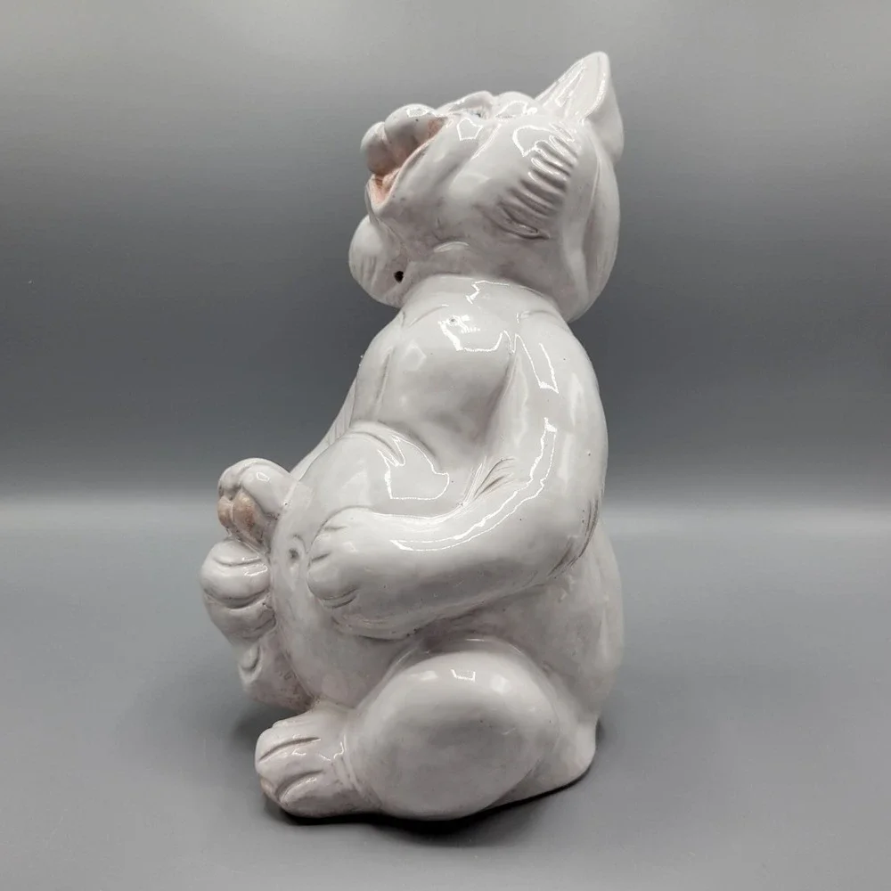 Vintage Whimsical Laughing Cat Figurine Made In Italy Redware Pottery Blue Eyes